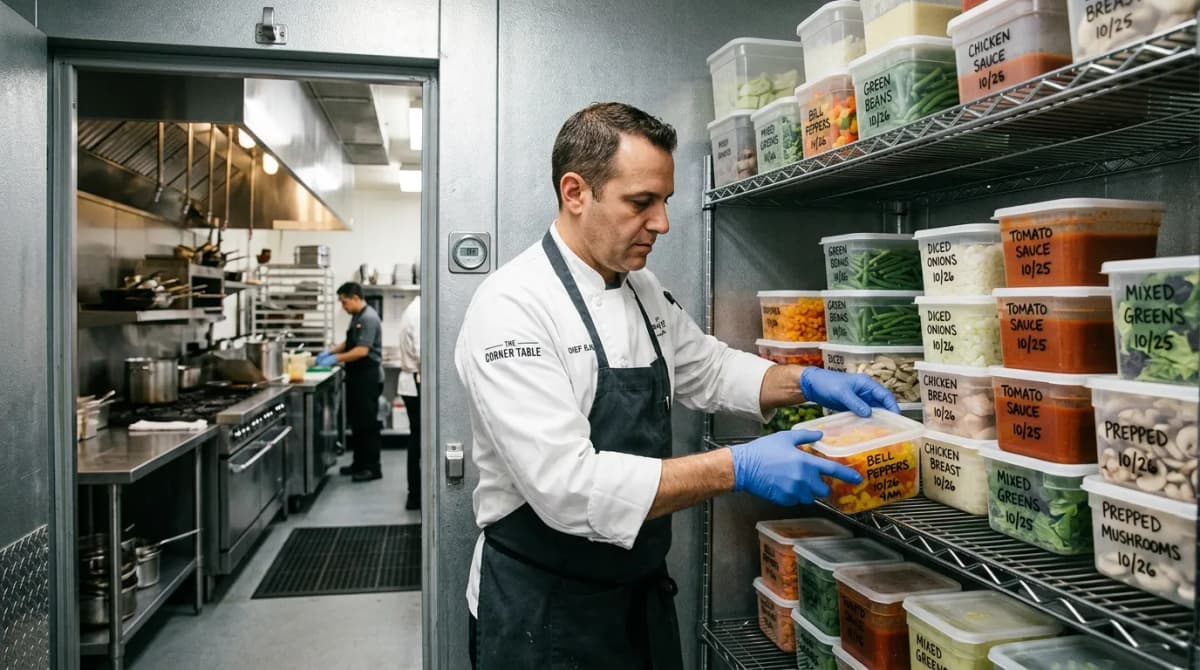 Professional kitchen with organized refrigeration and fresh ingredients