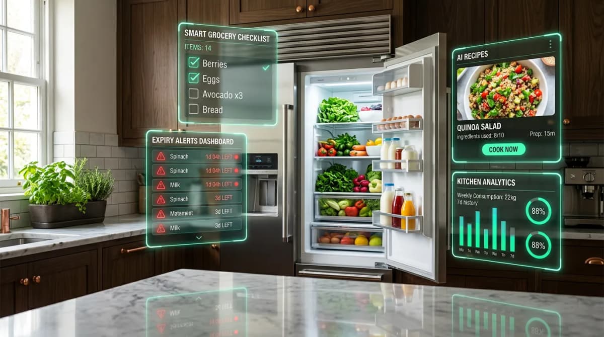 FridgeFlow smart food management - track expiry dates, get recipe suggestions, and reduce waste